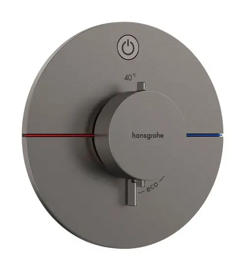 Thermostat zur Temperaturregelung mit einem Drehknopf in der Mitte, schmalen roten und blauen Linien zur Temperaturanzeige, Marke Hansgrohe.